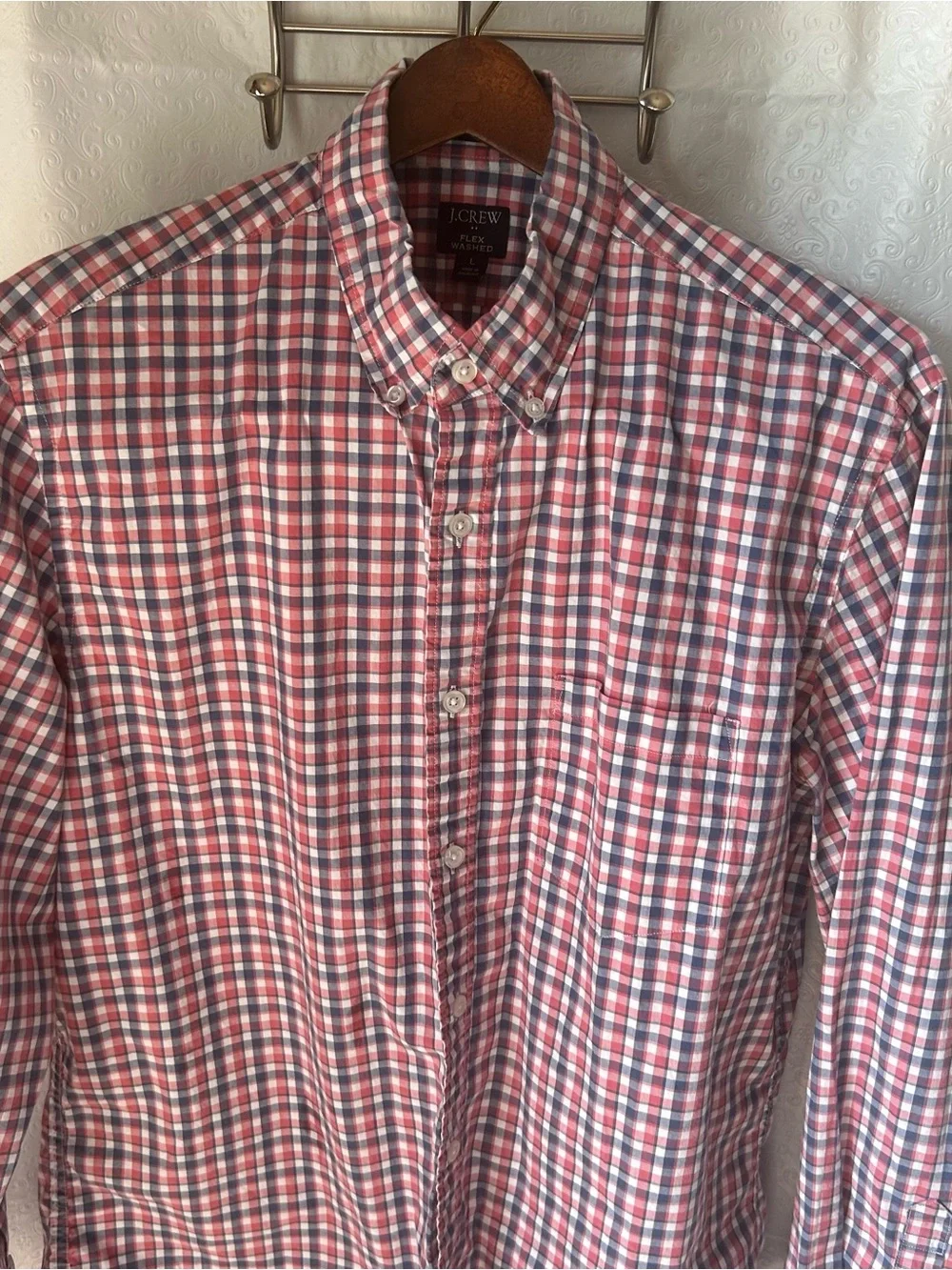 J CREW Flex Washed Shirt Button-Up Long Sleeve Collar Red White Blue Plaid Sz L